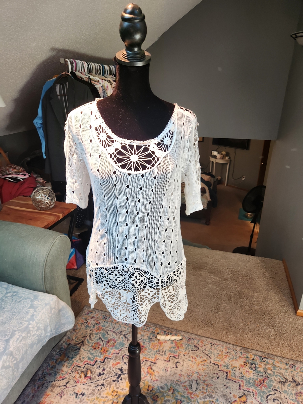 Miss Kelly White Crochet Lace Tunic Top Large Cotton Blend Gorgeous